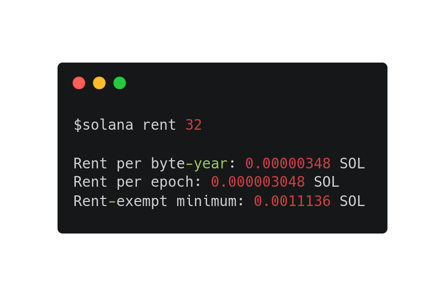 显示 Solana rent 命令在终端中运行的终端窗口