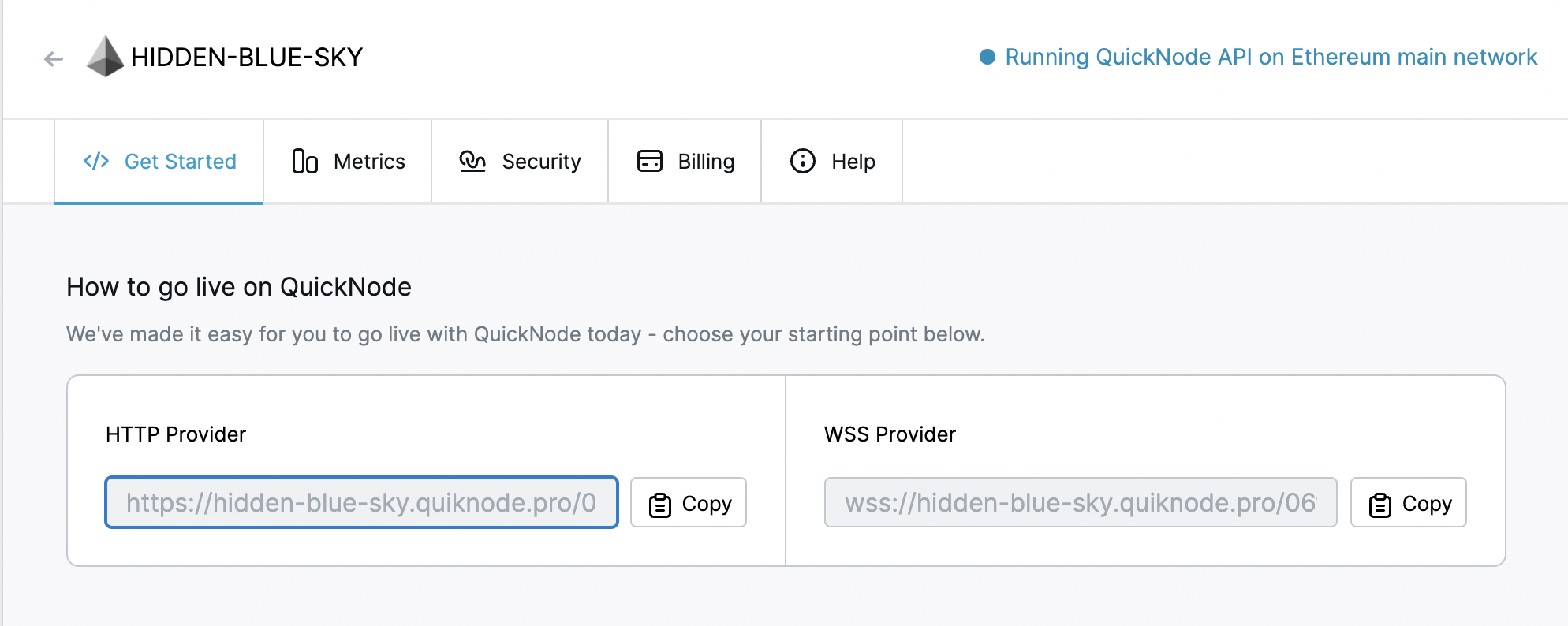 Quicknode 以太坊端点的截图，带有 HTTP 链接和 WSS