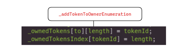 该图展示 ‌_addTokenToOwnerEnumeration\(\) 函数中添加 token 到 _ownedTokens 的状态变化代码
