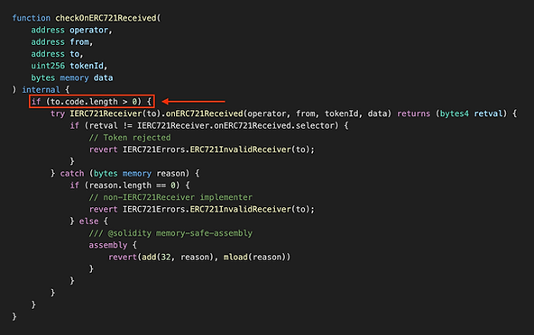 一个高亮显示了 code.length 的 if 语句的 checkOnERC721Received 函数代码片段