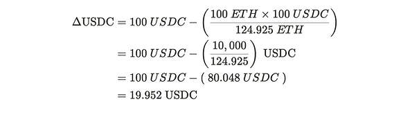 一系列求解 ΔUSDC 的方程，当在 100 ETH 和 100 USDC 的流动性池中以 24.925 ETH 进行交易时。