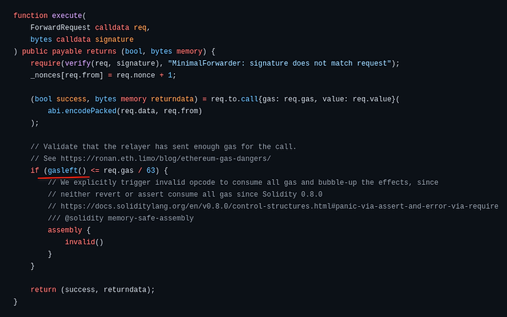 prevent relayer gas griefing with gasleft solidity