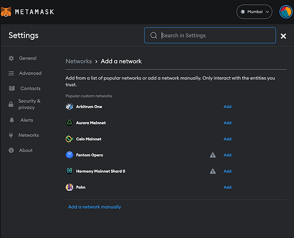 metamask add network