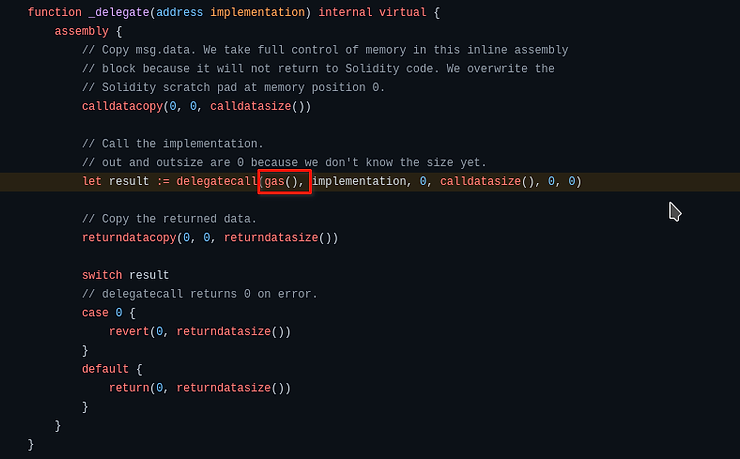 forward all gas in delegate call with gasleft solidity