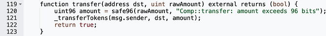 COMP transfer function reverts when amount is greater than 96 bits