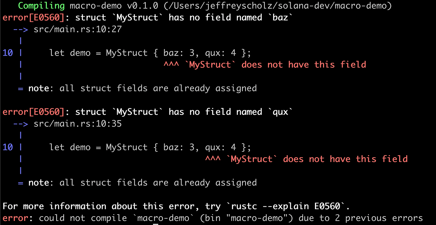 Error: struct `MyStruct` has no field named `baz`