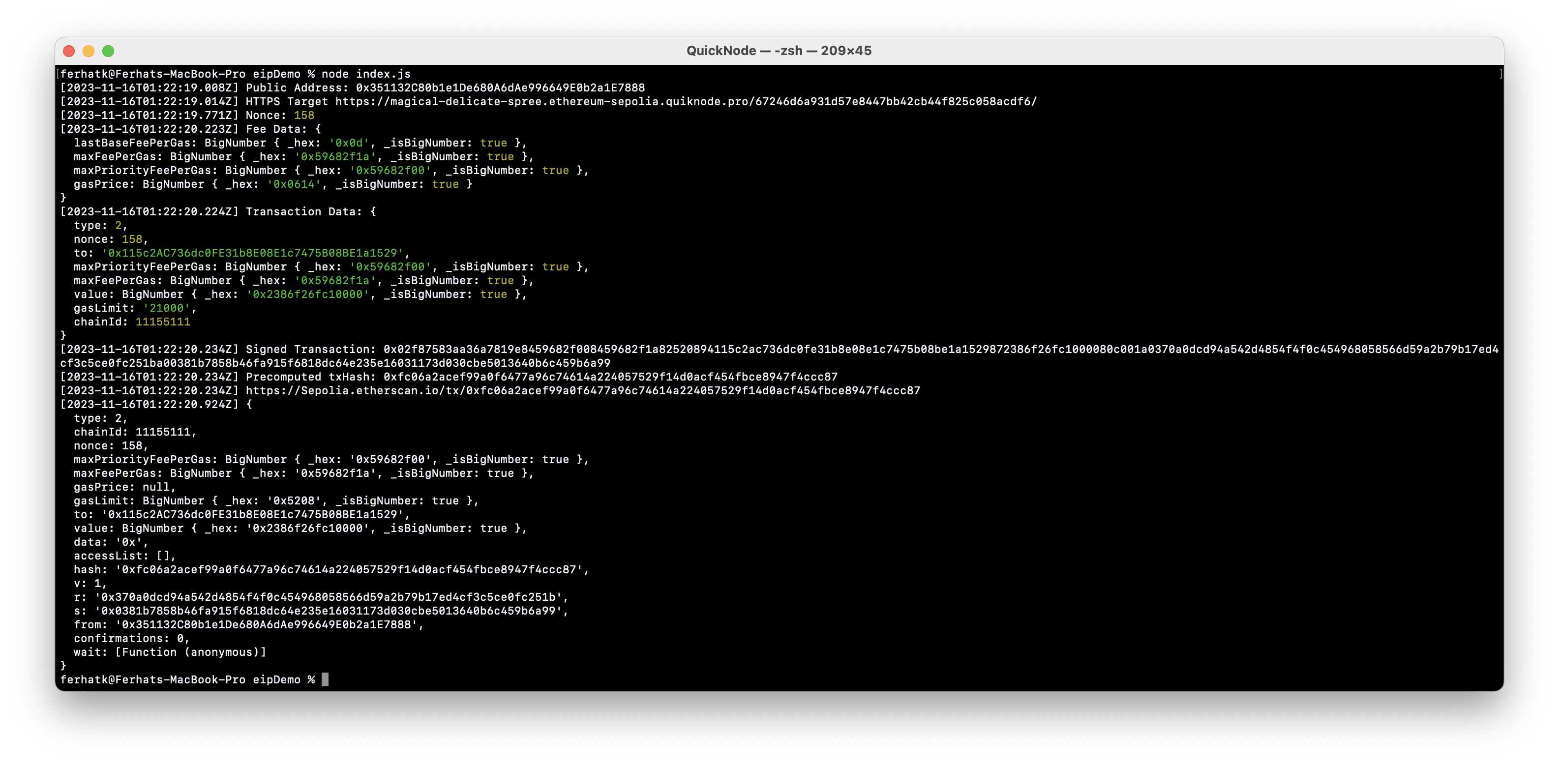 运行 node index.js 的终端输出