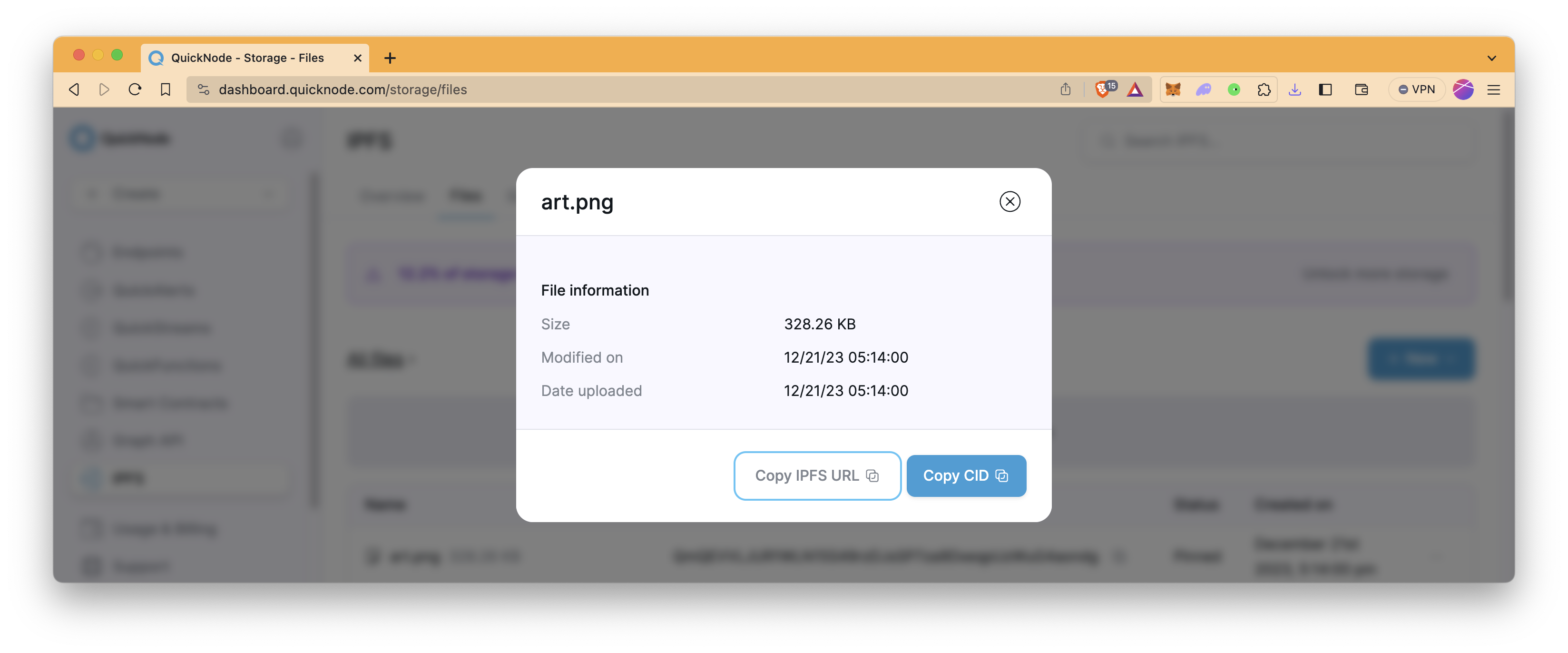 QuickNode IPFS 仪表板上的图像