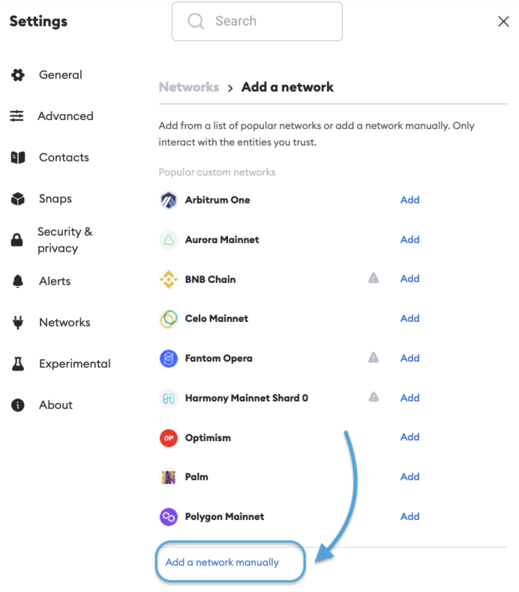 MetaMask 手动添加网络页面