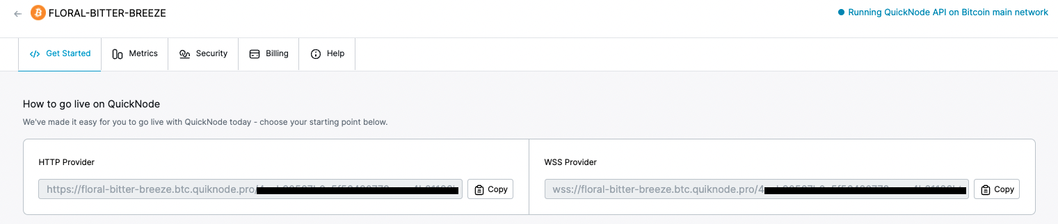Quicknode比特币端点的截屏