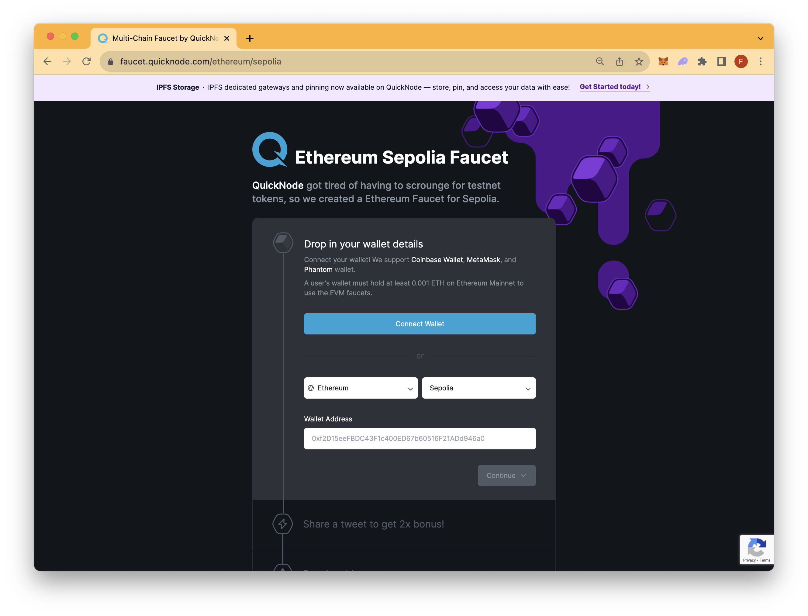 使用 QuickNode Multi-Chain Faucet 获取 ETH 的示例
