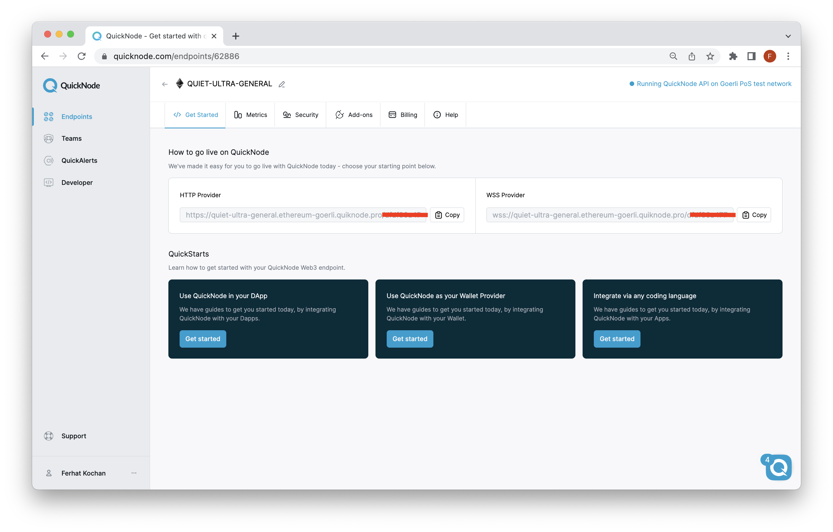 Quicknode Goerli端点的截图