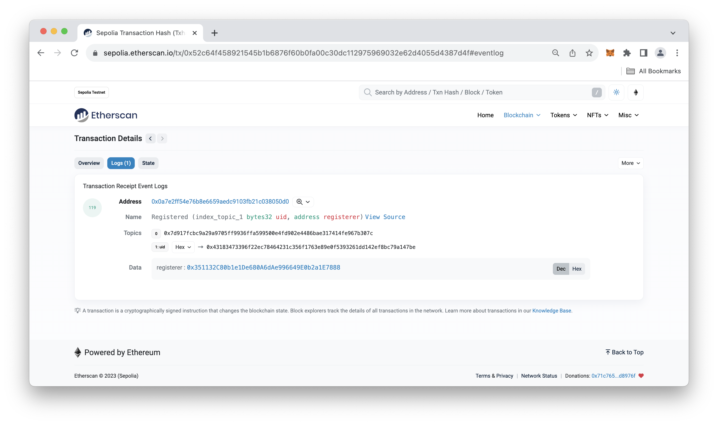 Etherscan 证明日志输出