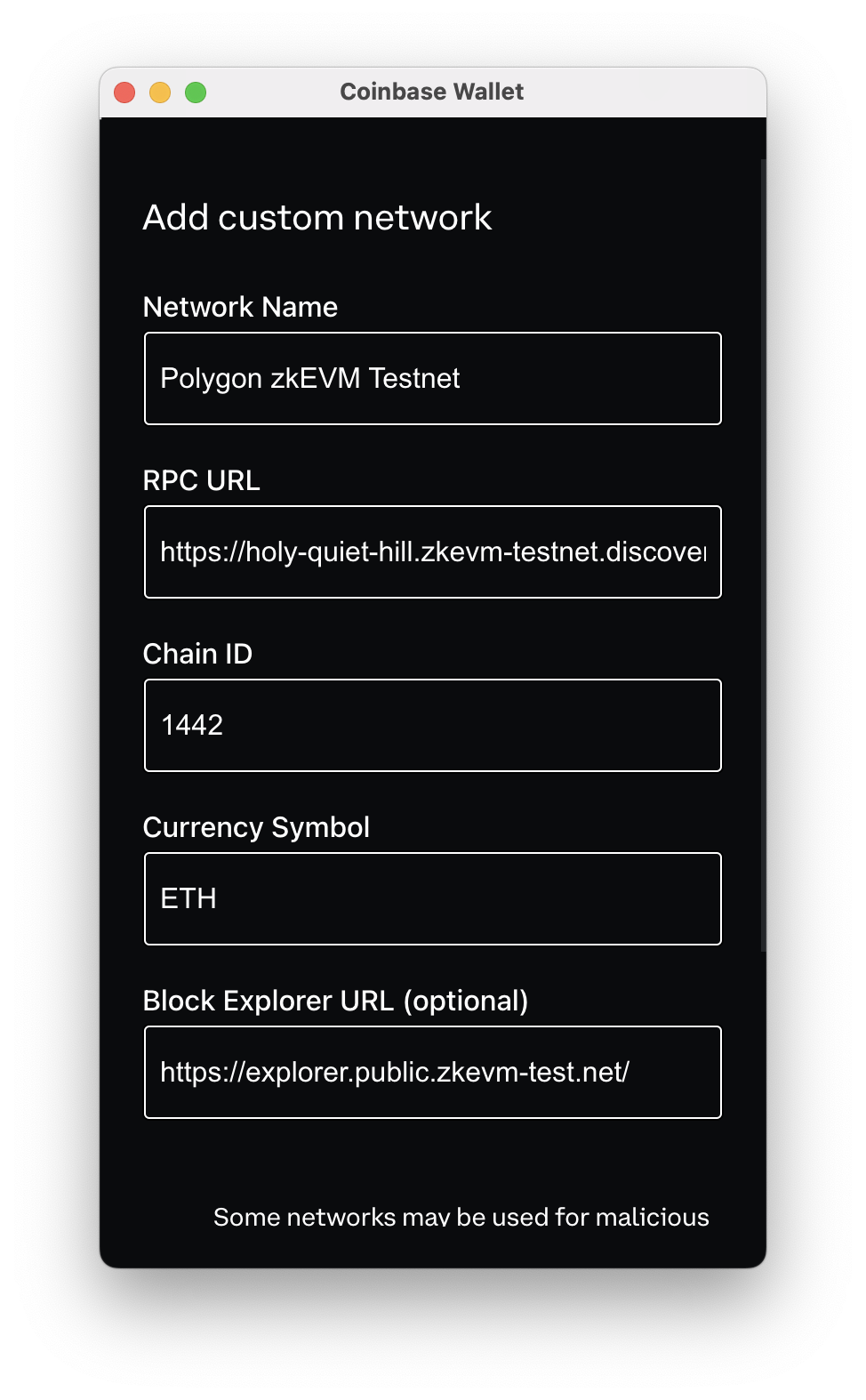 Coinbase Wallet 网络详细信息
