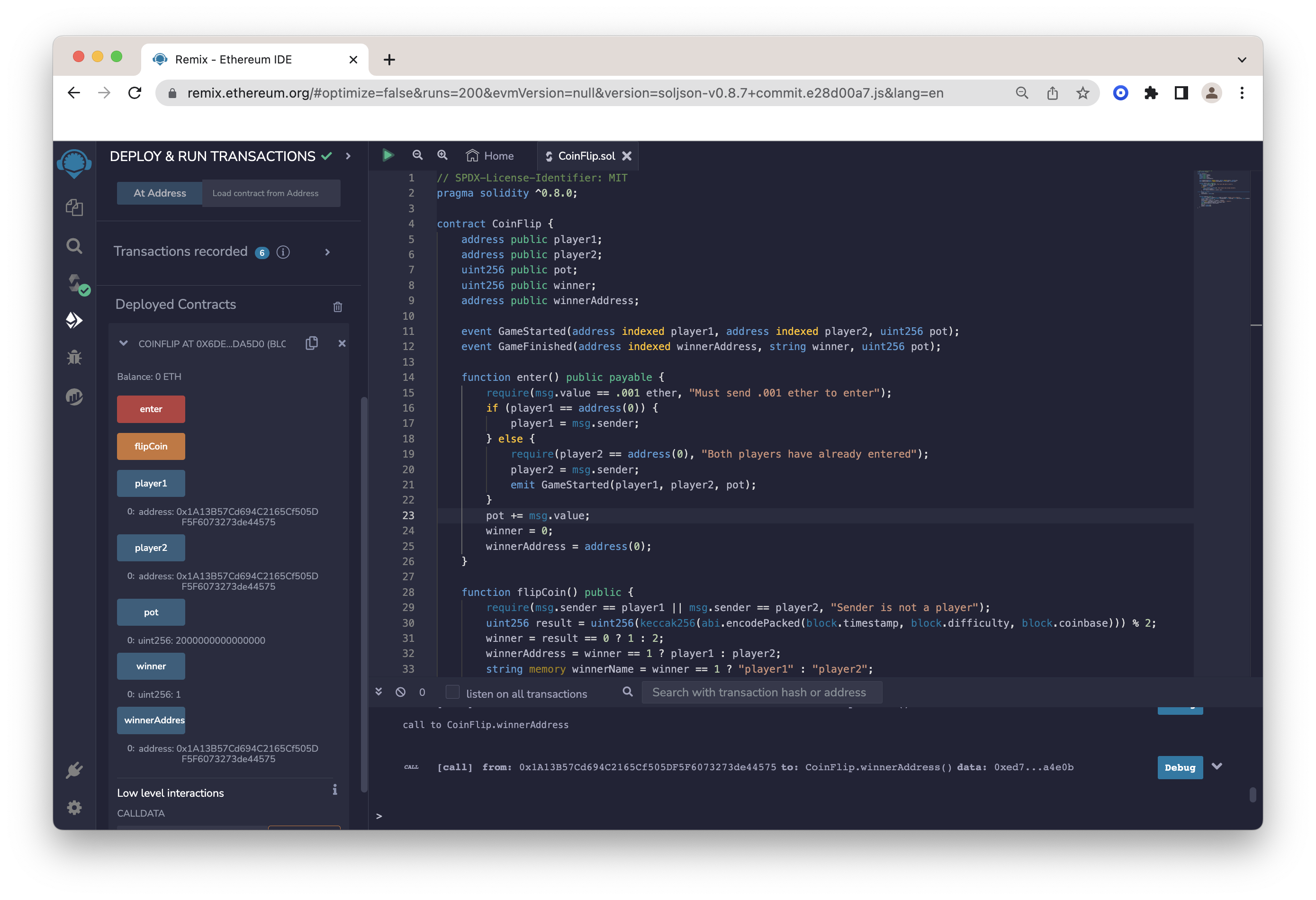 Remix.IDE getWinner 函数调用