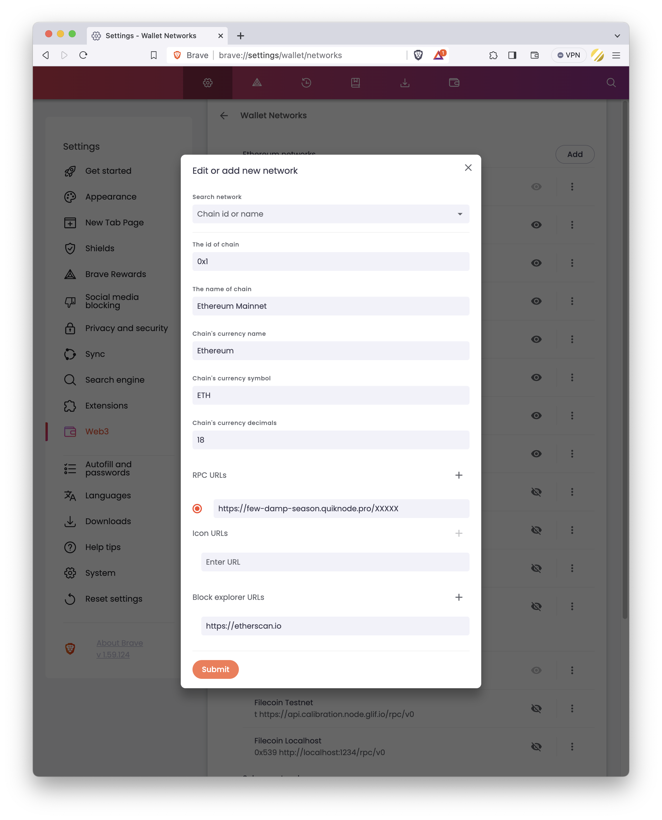 Brave Wallet 添加/编辑网络标签