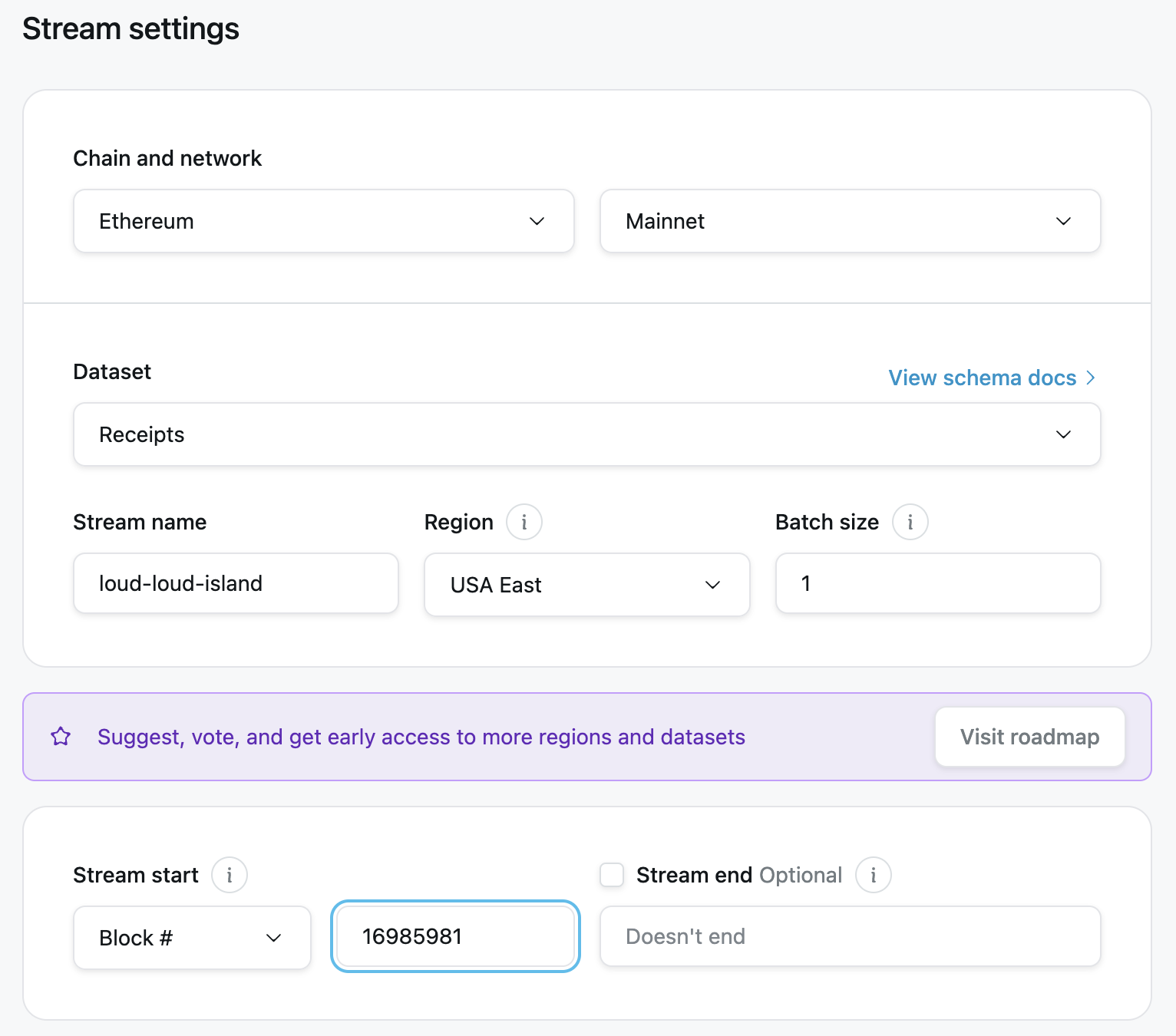 QuickNode Stream settings