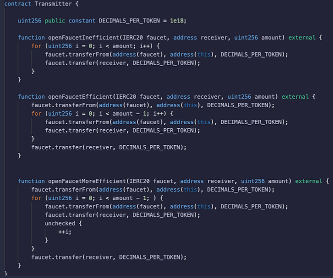 展示高效和低效函数的 Solidity 代码