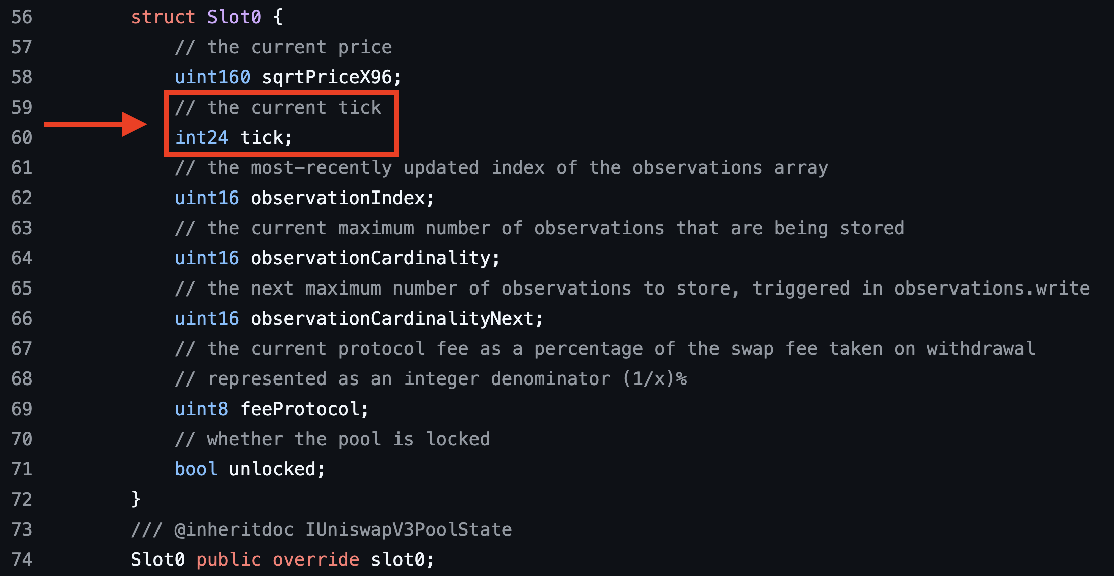 Uniswap V3 代码的屏幕截图，高亮显示 tick 变量