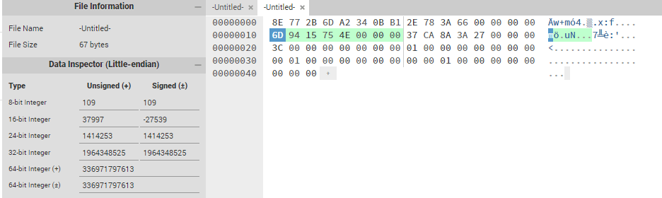 Hexed UI 显示对应于我们输入参数 336971797613 的字节