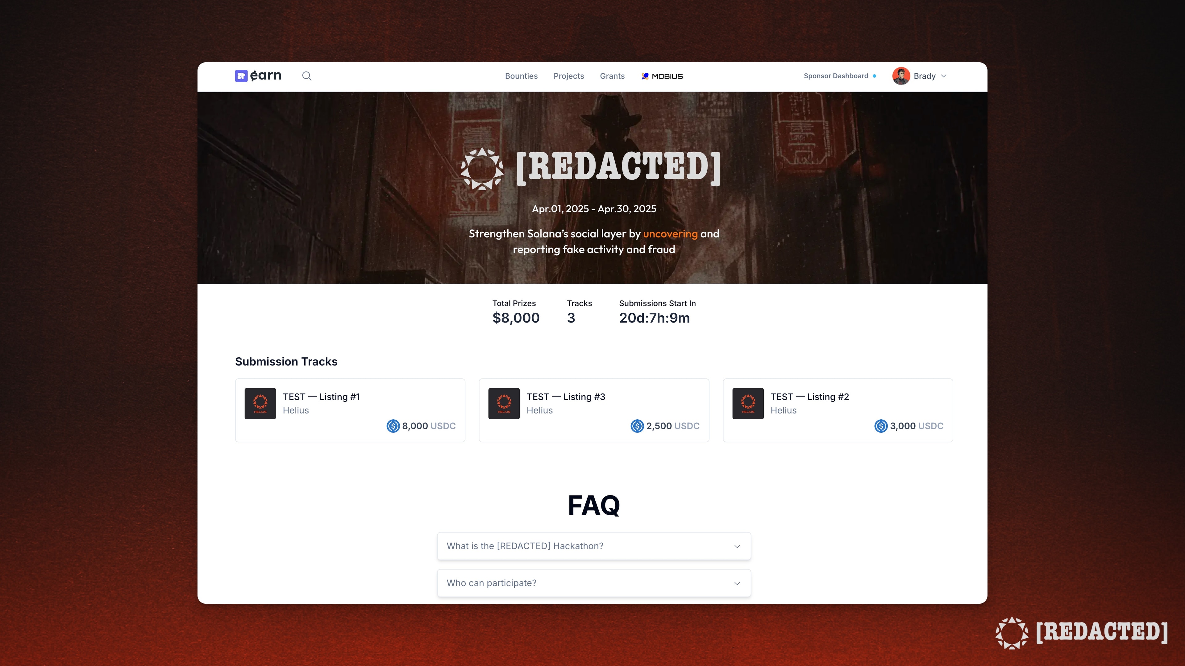 redacted hackathon landing page mockup