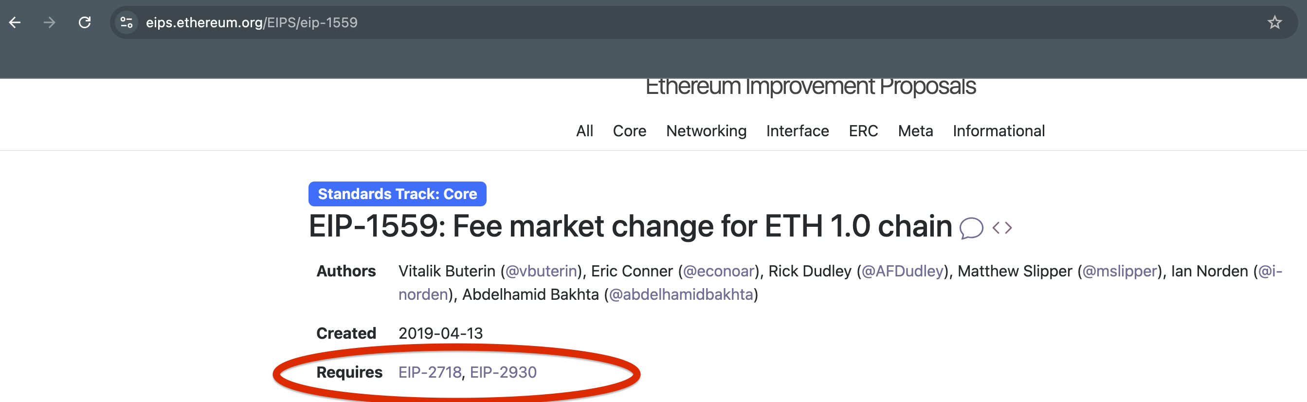 高亮显示 EIP 文档 "requires" 部分的图片。