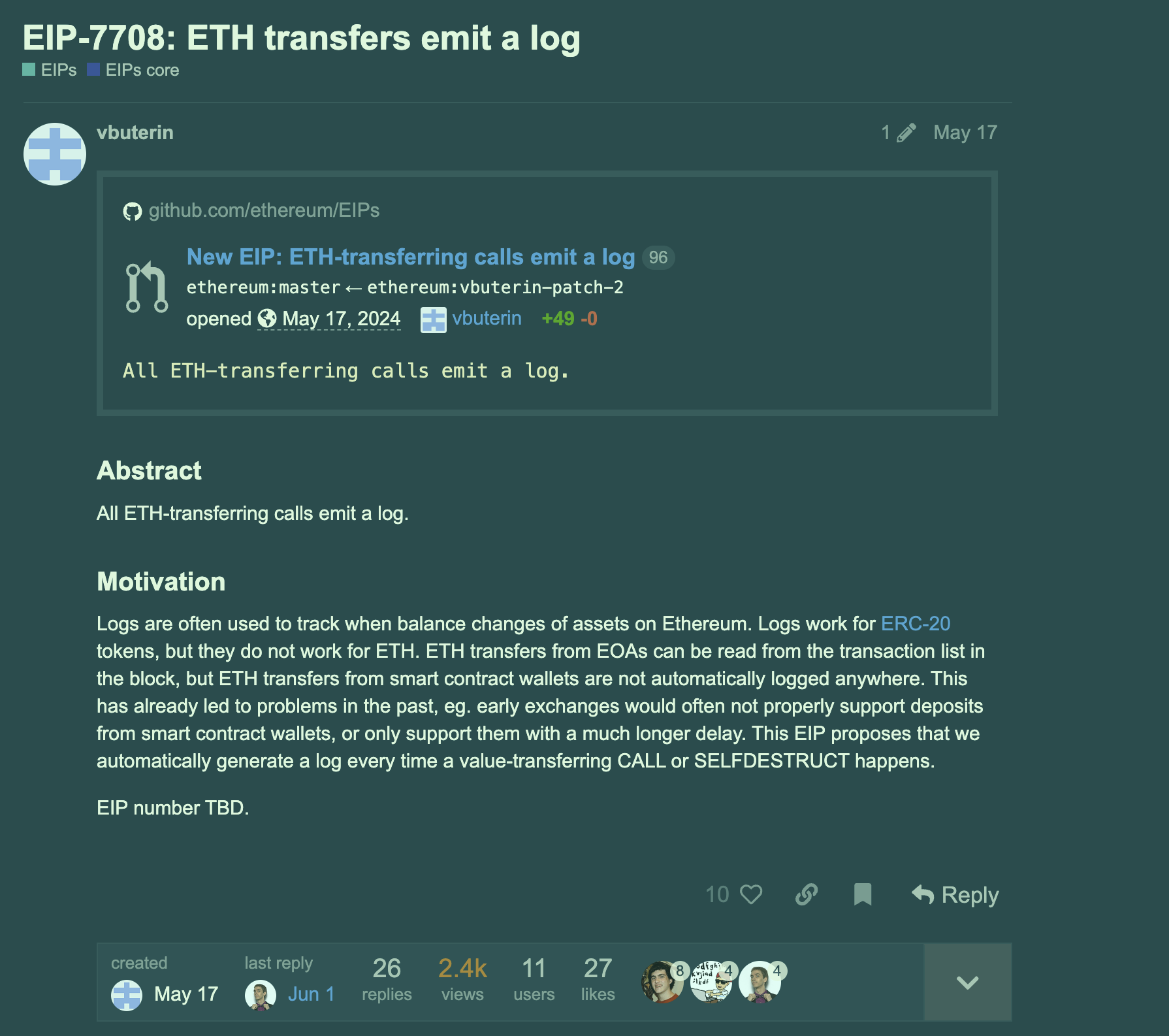 显示 EIP-7708 作为新提案首次在以太坊魔法师论坛共享的图片。