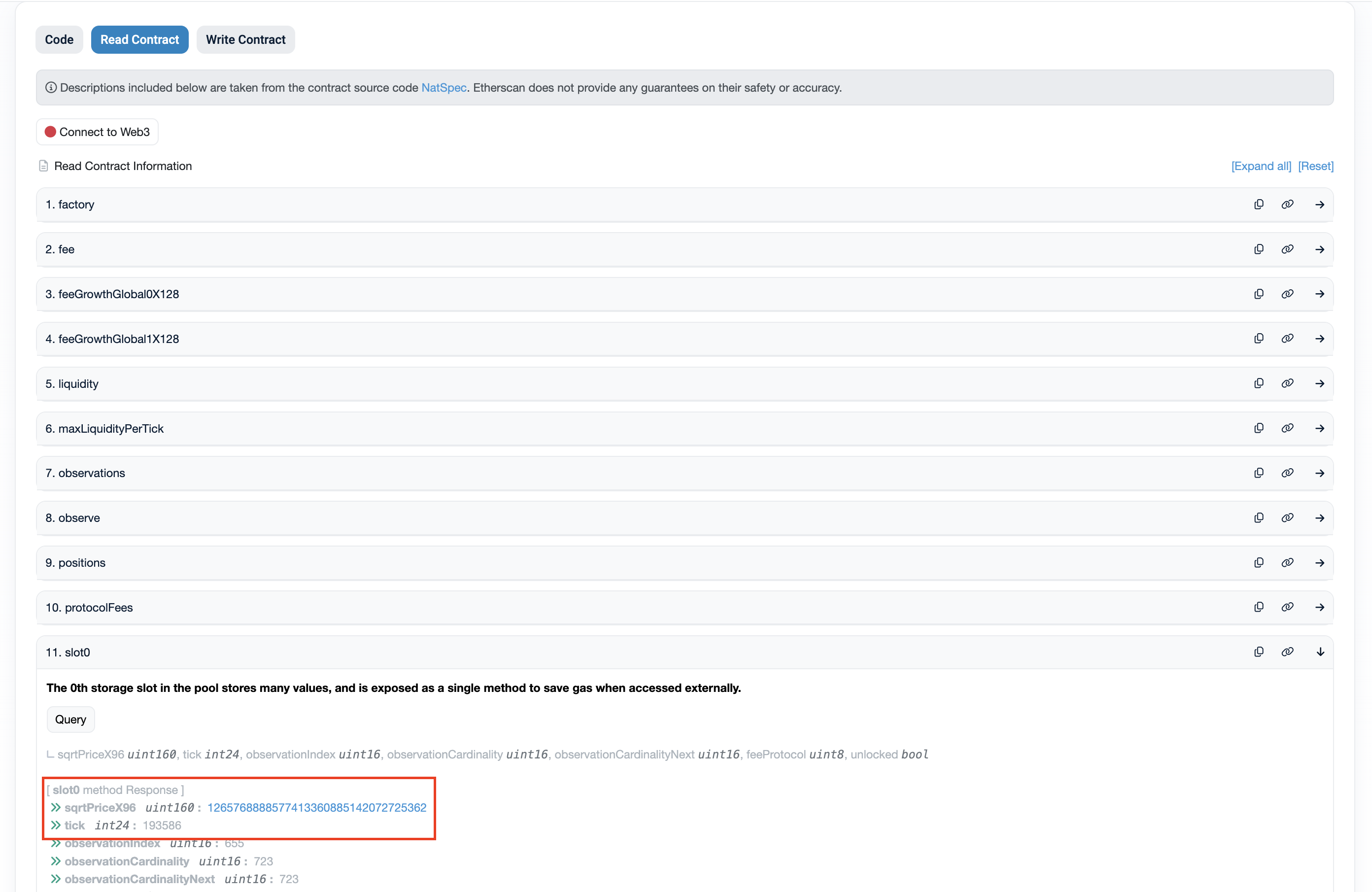slot0 的 Etherscan 输出