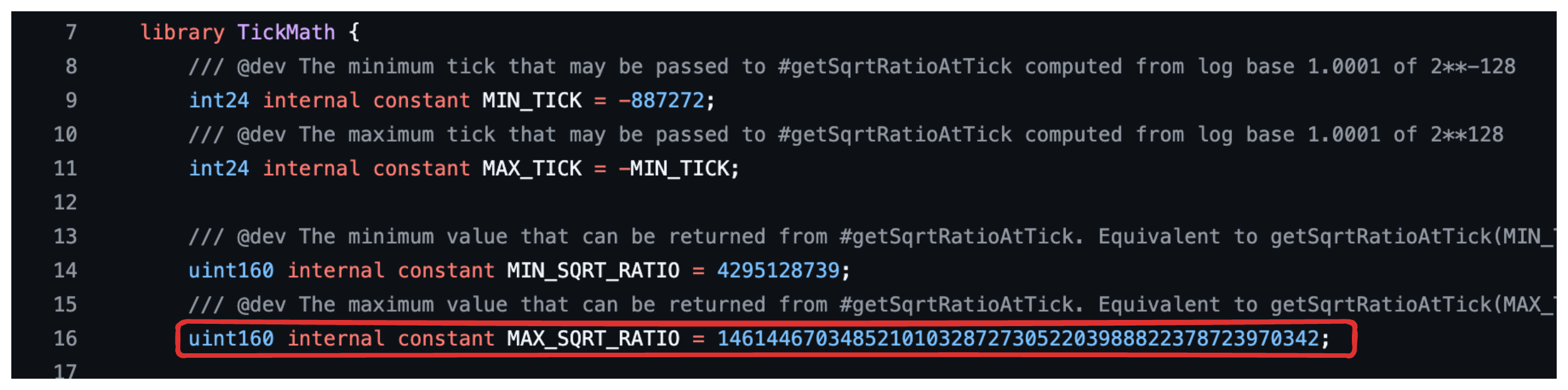 TickMath 中的最大比率常量