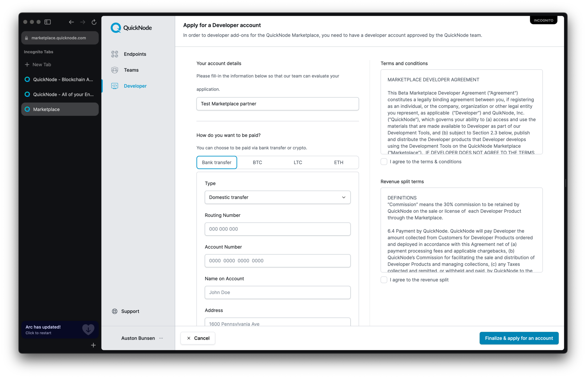 Marketplace 帐户申请表