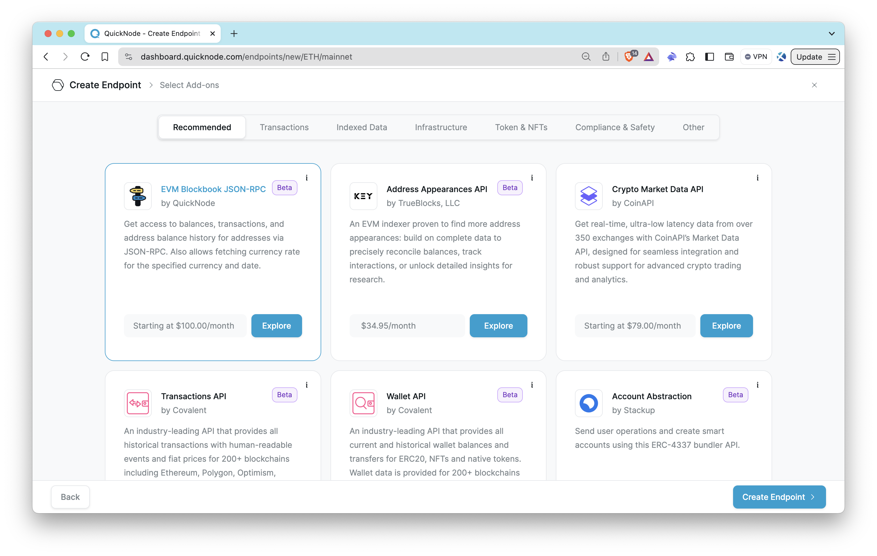 Quicknode 端点页面