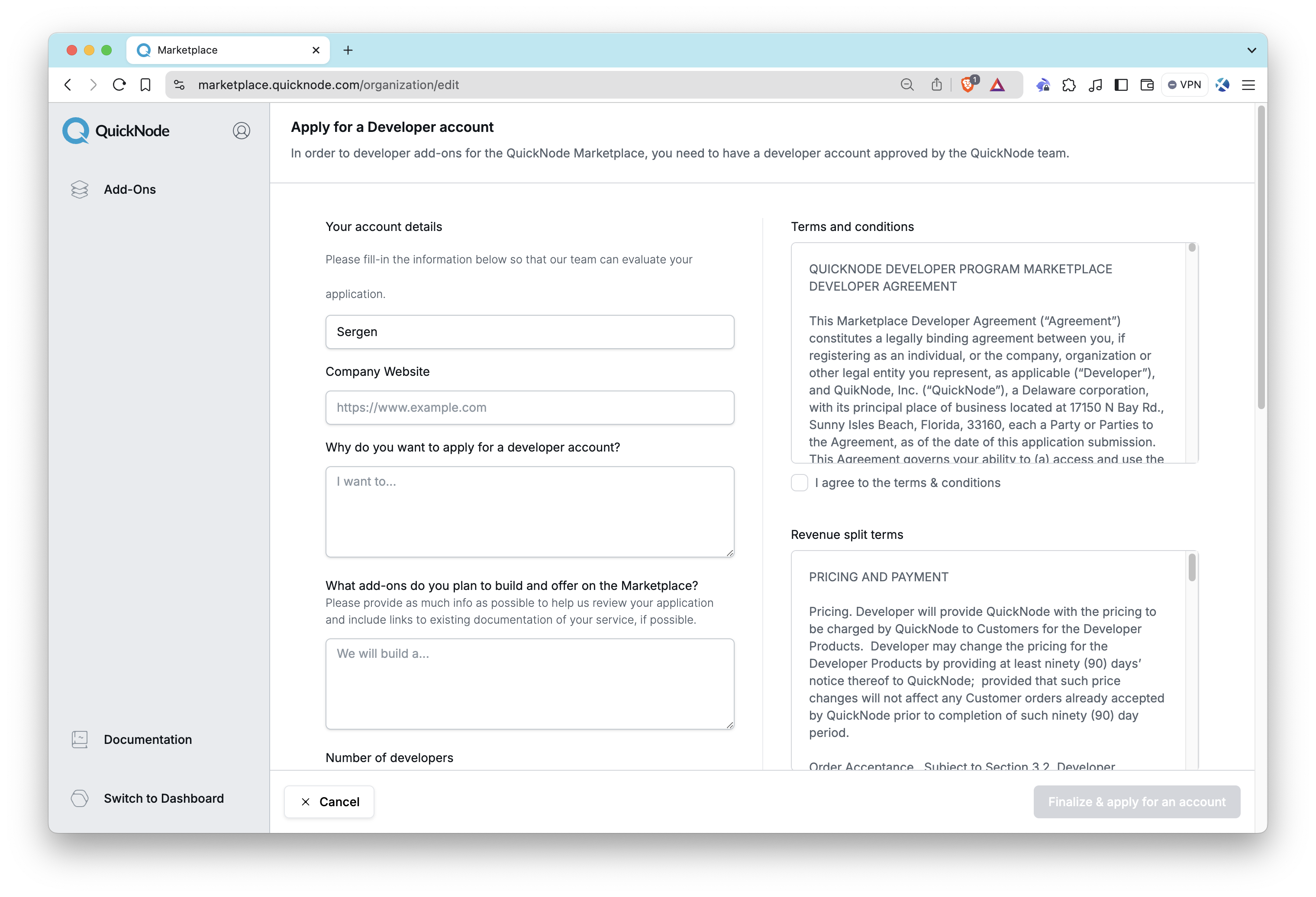 QuickNode Marketplace 合作伙伴申请表