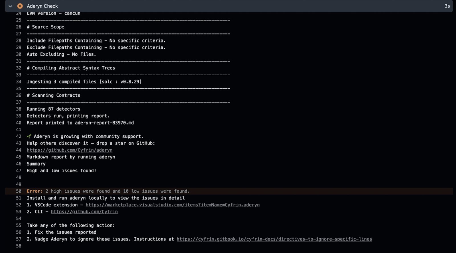 Aderyn 的终端界面截图，显示了智能合约分析以及检测到的问题和 GitHub 链接。