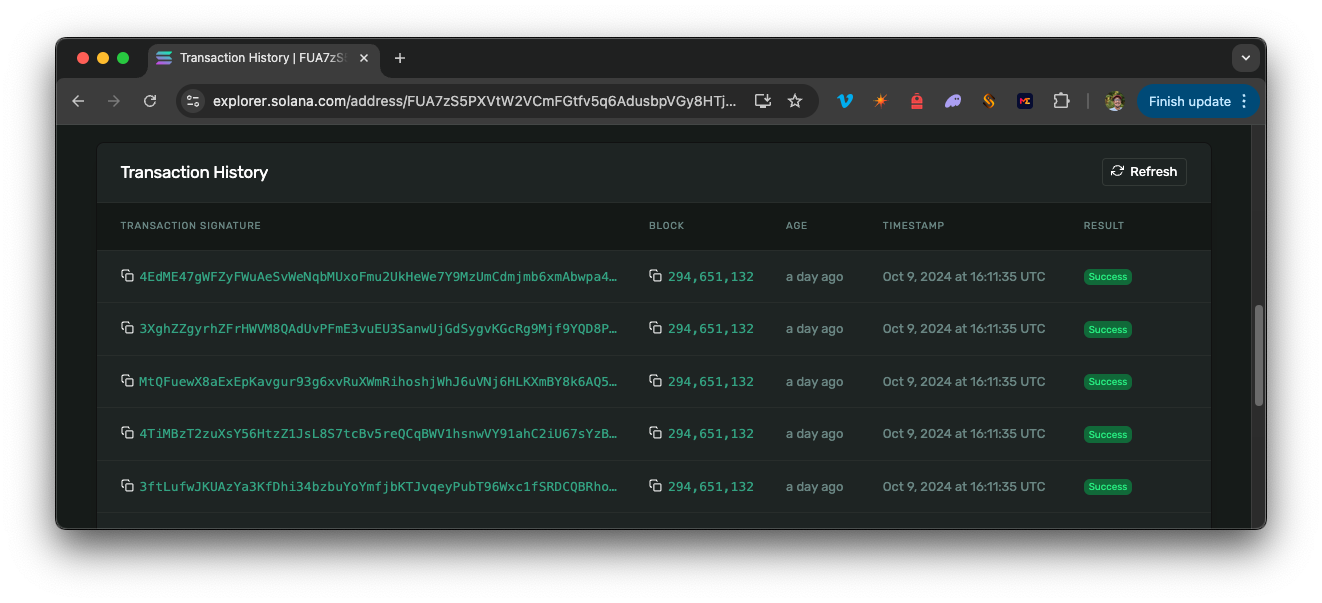 通过使用 QuickNode 的 Lil' JIT Add-on 的 Jito Bundle 发送的所有成功 Solana 交易的 Solana 浏览器视图