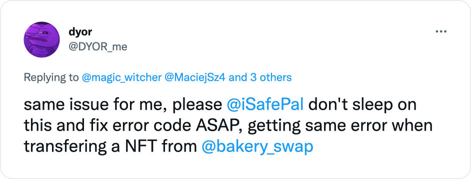 从 Bakery swap 转移 NFT 时出错