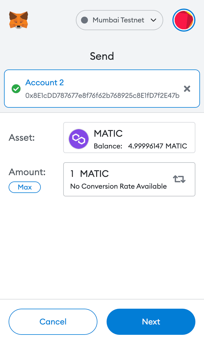 输入要发送的测试 MATIC 数量