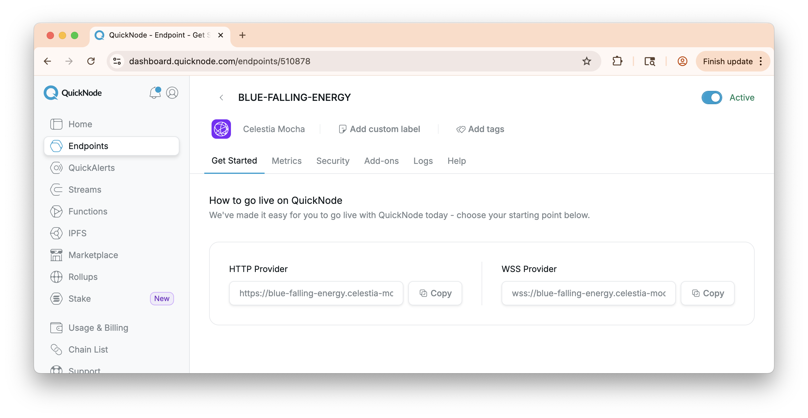 QuickNode Celestia 端点的屏幕截图