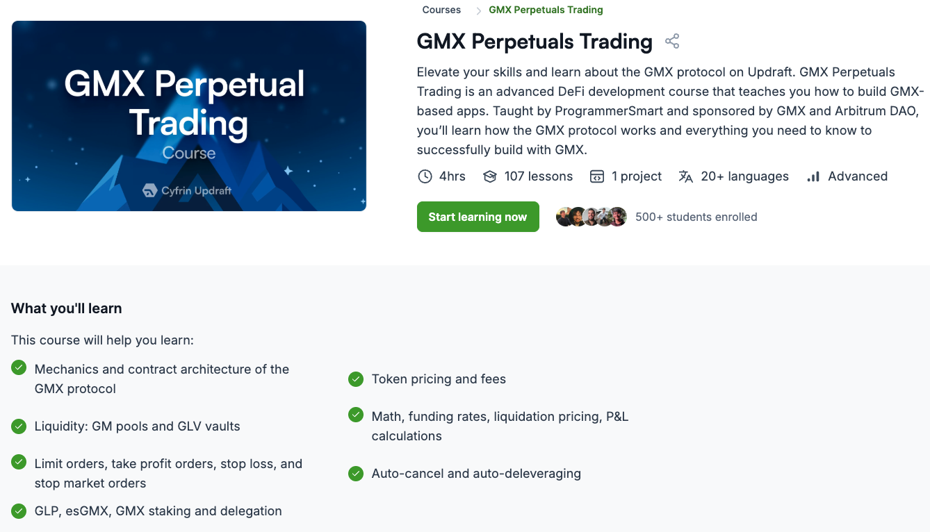Cyfrin Updraft 上 GMX 永续交易课程页面的屏幕截图，详细介绍了功能、主题和注册统计数据。