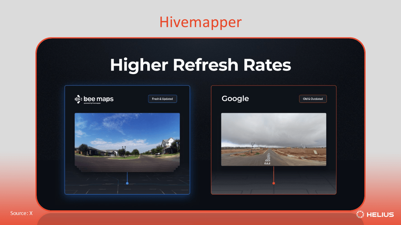 Hivemapper Bee Maps 与 Google Maps 的比较