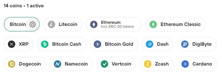 A screenshot of the crypto settings menu with Bitcoin highlighted, showing a gearwheel settings icon.