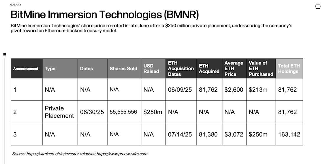 BitMine Immersion Technologies的股价在6月下旬的2.5亿美元私募配售后重新评级，突显了该公司向以太坊支持的资金管理模式的转型。