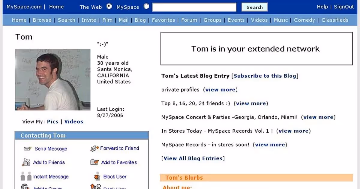Tom Anderson的MySpace页面的屏幕截图。