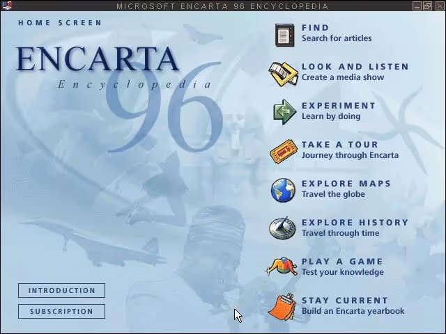 Microsoft Encarta 在在线百科全书 1996 年版本中的主屏幕。