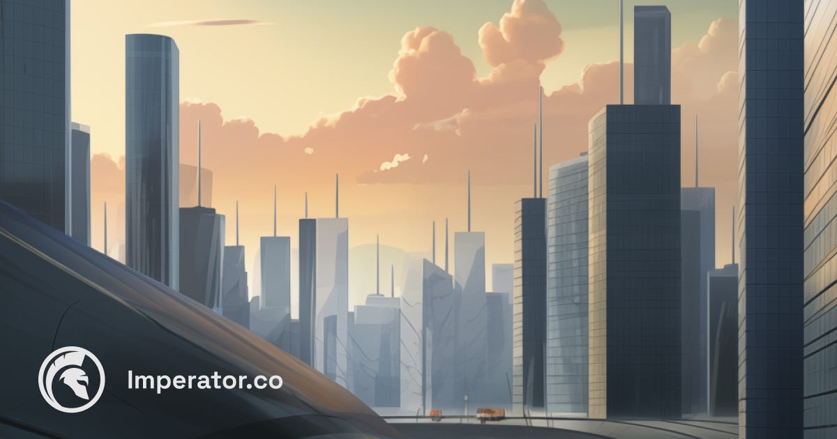 dYdX 通过第 4 版升级过渡到 Cosmos 的概念图，展示了一个未来主义的城市景观，象征着 DeFi 的新纪元，专注于去中心化治理以及社区主导的永续合约和杠杆交易。