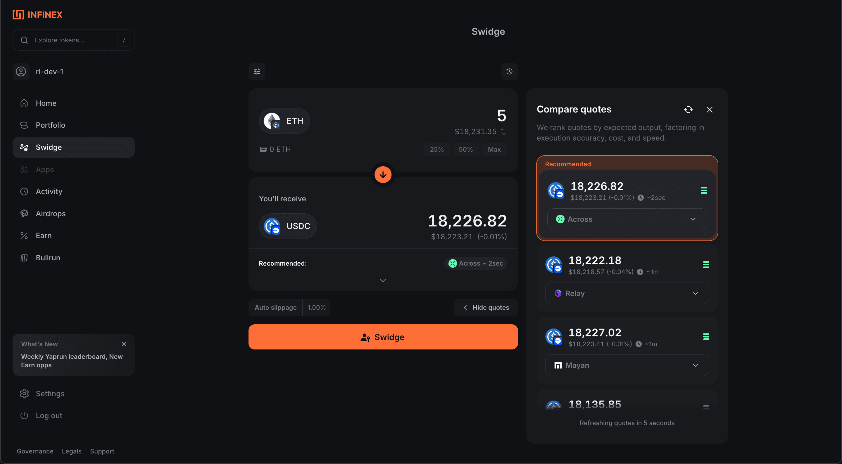 Infinex 集成了 Across Swap API，以简化其平台内的跨链swap。