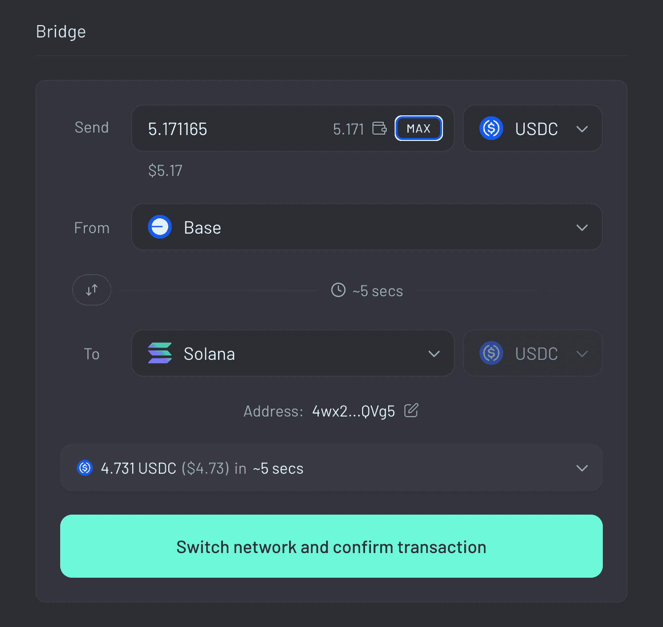 输入你要桥接到 Solana 的 USDC 金额.