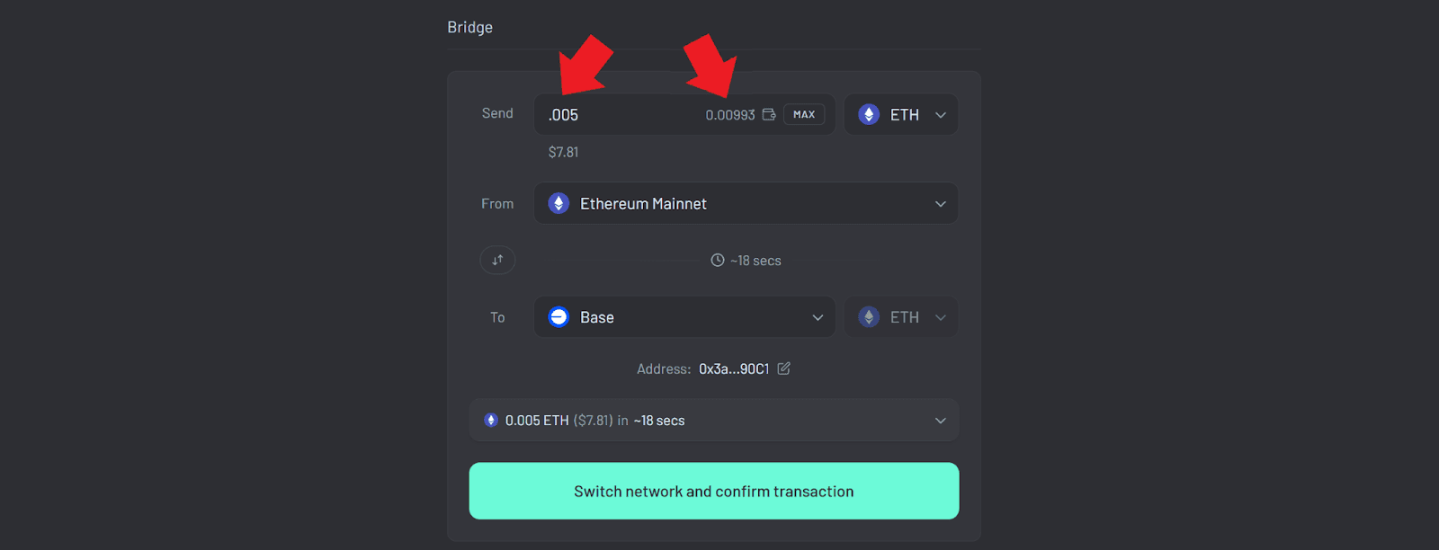 输入你要 **桥接** 的所选Token的金额。