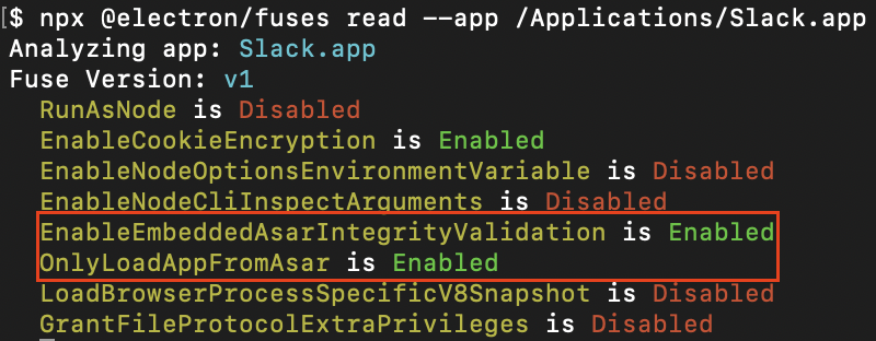 图 1：Slack 中启用了 EnableEmbeddedAsarIntegrityValidation 和 OnlyLoadAppFromAsar