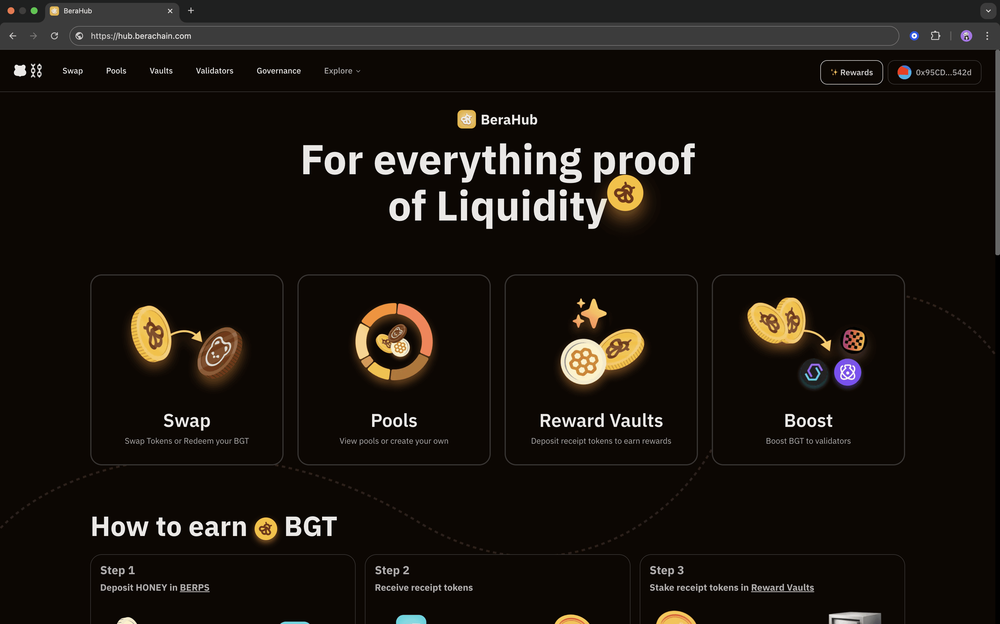 Bera Hub（前身为 BGT Station）允许用户通过允许他们间接投票（通过支持代表他们投票的验证者）来选择他们想要支持的验证者，从而通过在其中绑定（质押）他们的资产来参与 Berachain 治理。（图片来源：https://docs.berachain.com/learn/dapps/berahub）