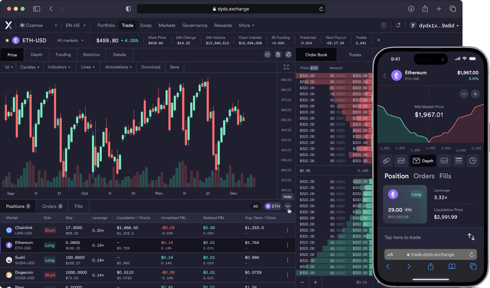 dYdX 协议在 dYdX Chain 之上运行，利用两个主要前端系统的实用程序，包括其移动版本和桌面版本。 如图所示，此交易所应用程序设计精良，易于使用，从而大大简化了交易者和投资者的整体用户体验。 （图片来源：dYdX 网站通过 Google 图片搜索）